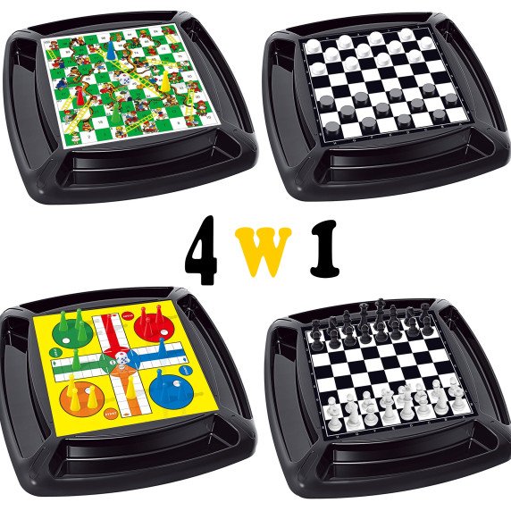 WOOPIE 4-in-1 stalo žaidimų rinkinys: Šaškės, Šachmatai, Ludo, Laukų ir Gyvatės