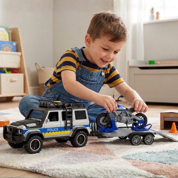 WOOPIE policijos tereninis automobilis su motociklo priekaba rinkinys