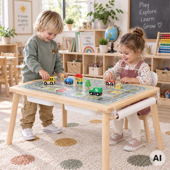 WOOPIE GREEN Medinis 4-in-1 veiklos stalas Kreidinės lenta Konteineriai miesto žemėlapiai Paveikslėlių piešiniai