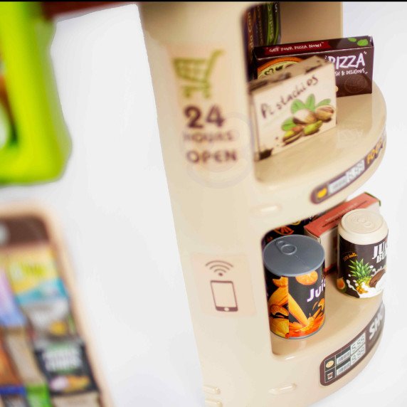 WOOPIE parduotuvės supermarketo vežimėlis pinigų skaičiuoklis Judami elementai + 65 priedų.