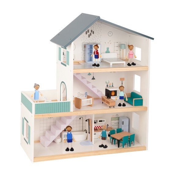 TOOKY TOY Didelis medinis lėlių namas + FSC figūrėlės