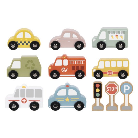 TOOKY TOY rinkinys iš medinių transporto priemonių ir eismo ženklų dėžutėje