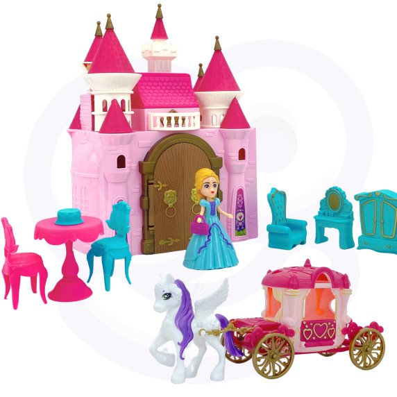 Interaktyvus stebuklingas princo rūmai „WOOPIE“ rinkinys su princese + karieta ir priedai