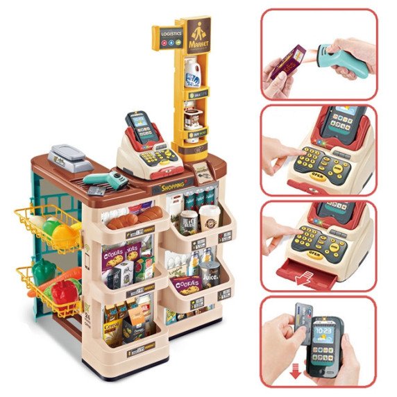 WOOPIE super marketas su vežimu, svarstyklėmis, kasos aparatu, skaneriu ir 48 priedų.