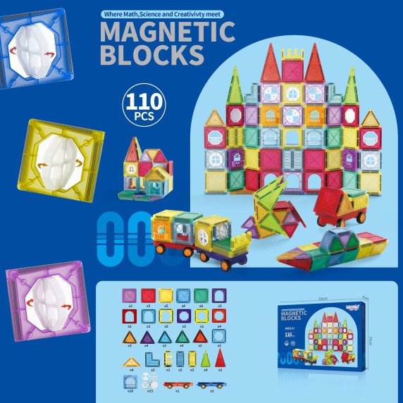 WOOPIE Magnetiniai Statybiniai Blokai 3D Edukacinis Rinkinys Pilis Transporto Priemonės 110 vnt.