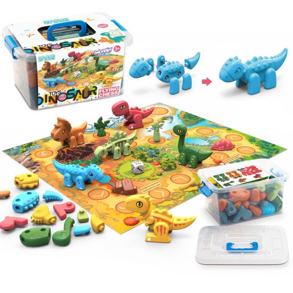 WOOPIE 2-in-1 Statybos rinkinys Dinosaurų stalo žaidimas + 46 kauliukai