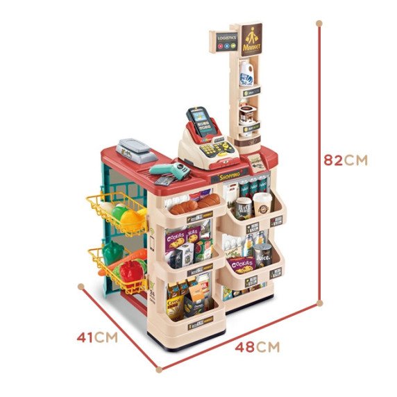 WOOPIE supermaketas su parduotuvės vežimėliu, svarstyklėmis, pinigų registratūra, skeneriu bei 48 reikmenys.