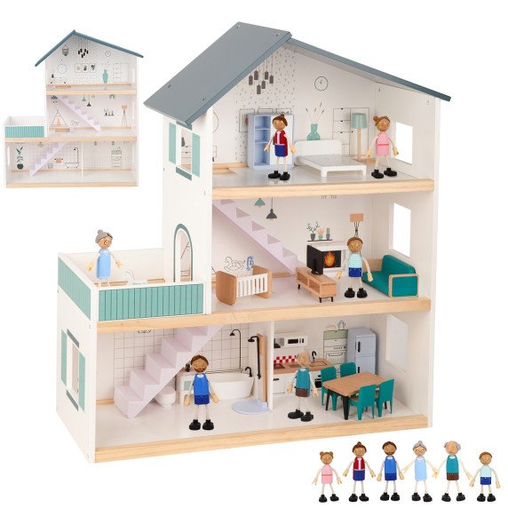 TOOKY TOY Didelis medinis lėlių namas + FSC figūrėlės