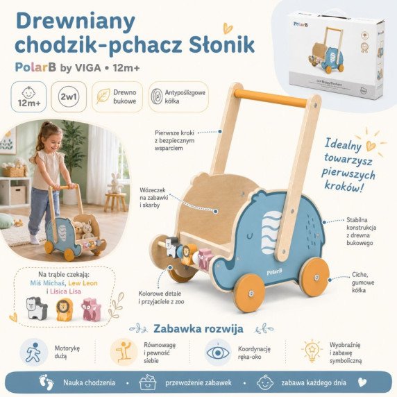 VIGA PolarB Medinis 2-in-1 Vežimėlis, Ratai, Dramblys