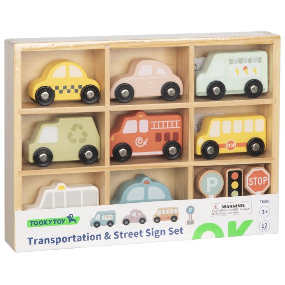 TOOKY TOY rinkinys iš medinių transporto priemonių ir eismo ženklų dėžutėje