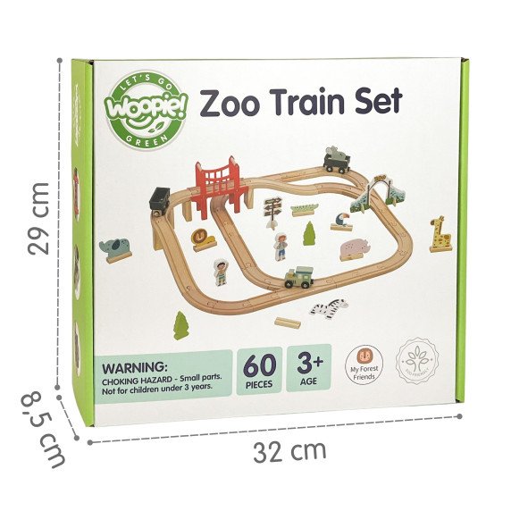 WOOPIE GREEN Medinis Zoologijos Traukinukų Rinkinys XL Magnetinga Traukinio Kelio Sistema 60 vnt FSC