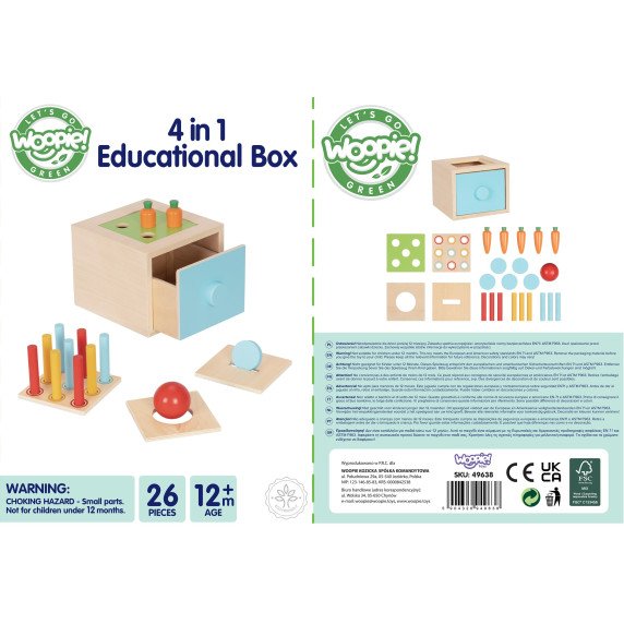 WOOPIE GREEN Medinis mokomasis stalčius 4-in-1 Montessori rūšiavimo morkų žaidimas FSC