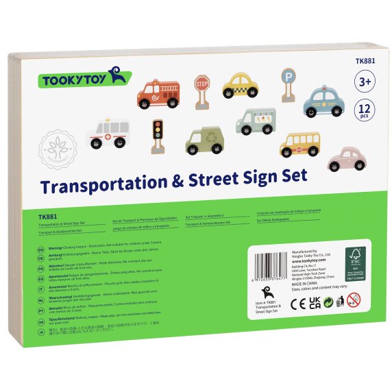 TOOKY TOY rinkinys iš medinių transporto priemonių ir eismo ženklų dėžutėje