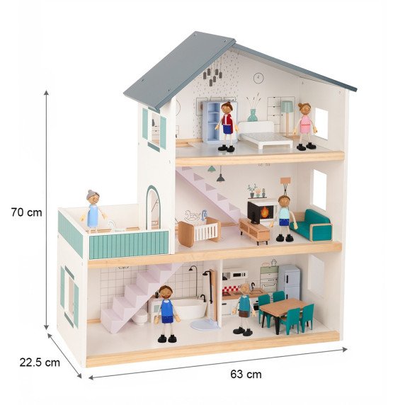 TOOKY TOY Didelis medinis lėlių namas + FSC figūrėlės