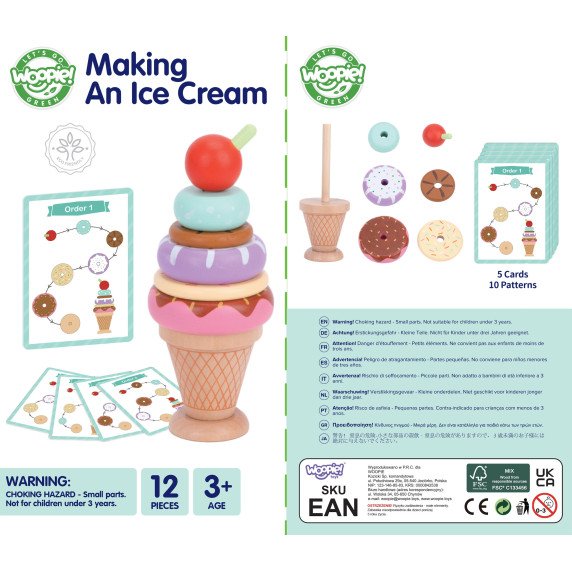 WOOPIE GREEN Medinis ledų kremo Montessori galvosūkis Iš gamyklų 12 dalių FSC