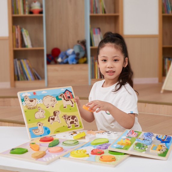VIGA Medinis Puslenis Montessori 2 į 1 Figūros Transporto Priemonės