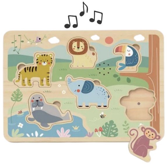 TOOKY TOY Medinis galvosūkis Montessori interaktyvus garsinis galvosūkis Laimingieji gyvūnai savanoje