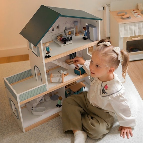 TOOKY TOY Didelis medinis lėlių namas + FSC figūrėlės
