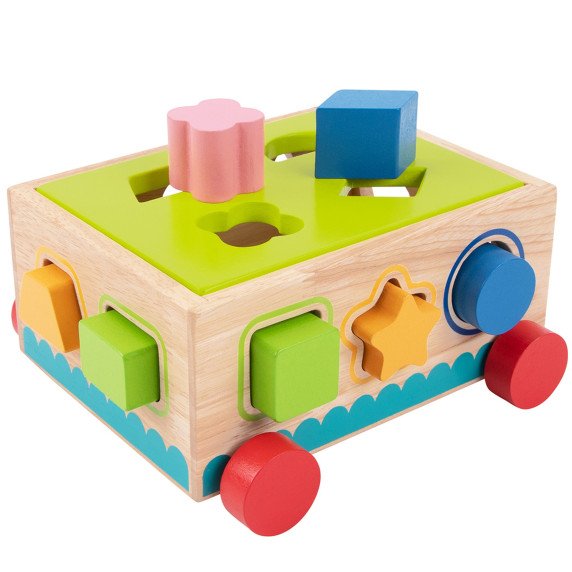 TOOKY TOY Medinis rūšiavimo vežimėlis su blokais 16 vnt.