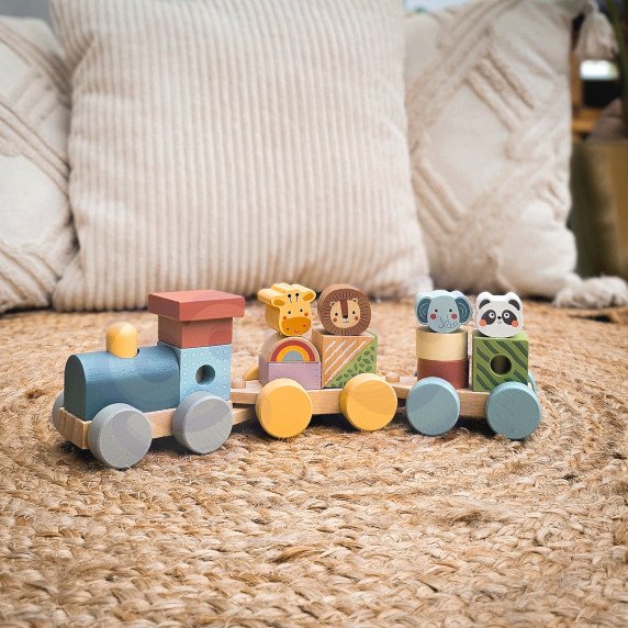 TOOKY TOY Medinis traukinys su gyvūnų blokais Montessori galvosūkiui
