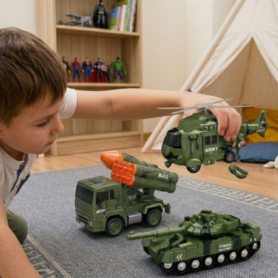 WOOPIE karo transporto priemonių rinkinys su startuoliu, tanku ir sraigtasparniu, 4 vnt., Mastelis 1:20