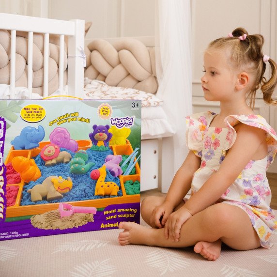 WOOPIE Kinetic Sand 1.2 kg XL ZOO stalas su formomis rinkinys