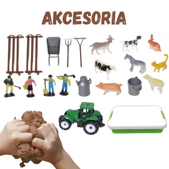 WOOPIE Kinetic Smėlio rinkinys Fermos krepšelyje Traktorius Gyvūnai 1500g