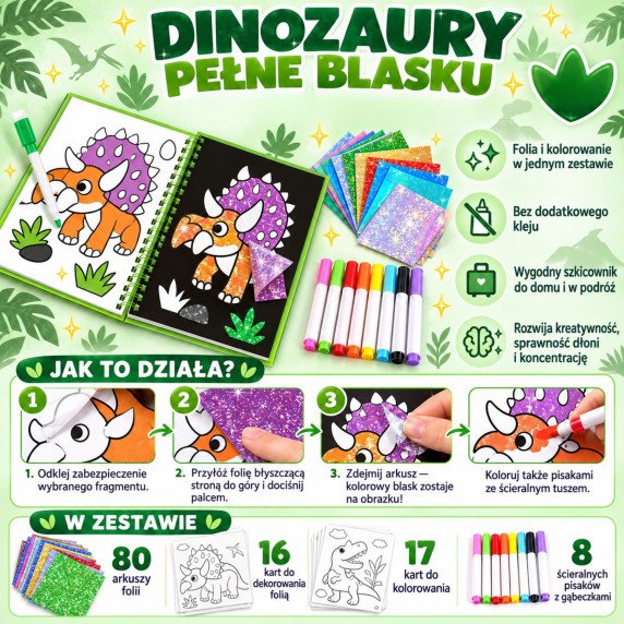 WOOPIE Meno Rinkinys Folija Koliažo Spalvinimo Knyga Dinosauras 121 vnt.