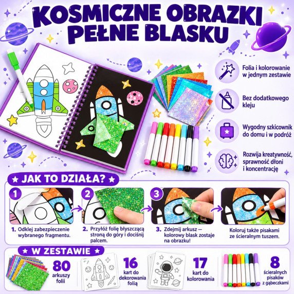 WOOPIE menas Rinkinys Foil Collage Spalvinimo knyga Kosmonautas 121 vnt.