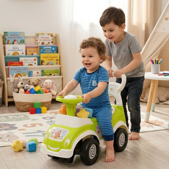 WOOPIE 4-in-1 važiuoklė su rūšiavimo dėžute, stūmikliu, vaikščiojimo pagalve ir ragu, kur yra vietos saugojimui.