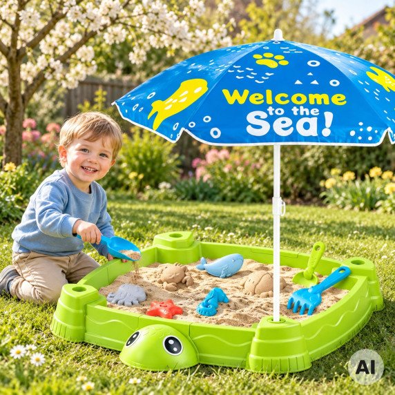 WOOPIE 2-in-1 Smėlio dėžė žaliame nykštuku su spalvingu skėčiu