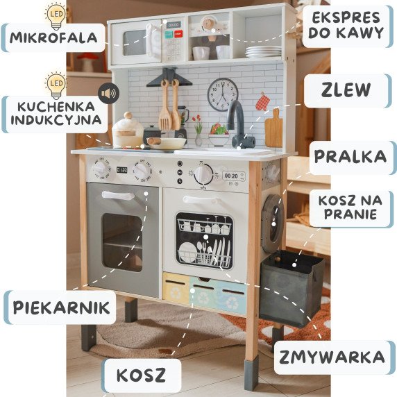 WOOPIE GREEN 9 į 1 Medinis interaktyvus virtuvinis stalas su skalbykle ir balta lenta