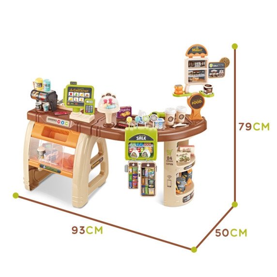 WOOPIE parduotuvės supermarketo vežimėlis pinigų skaičiuoklis Judami elementai + 65 priedų.