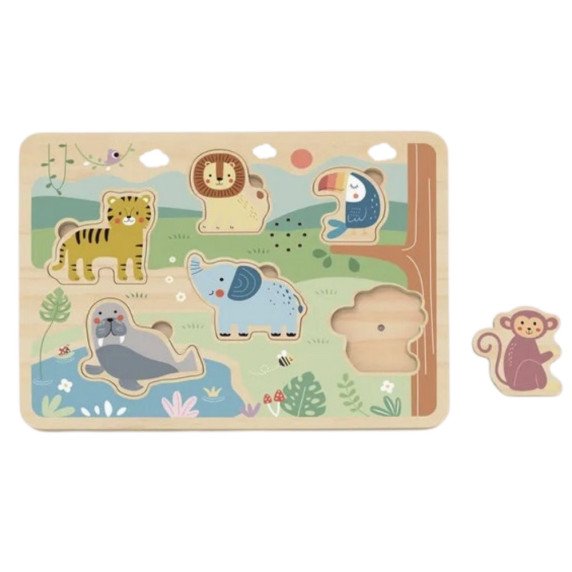 TOOKY TOY Medinis galvosūkis Montessori interaktyvus garsinis galvosūkis Laimingieji gyvūnai savanoje