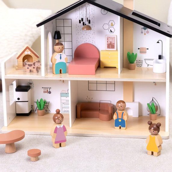 TOOKY TOY Medinis Lėlių namelis su priedais ir šeima 20 vnt.