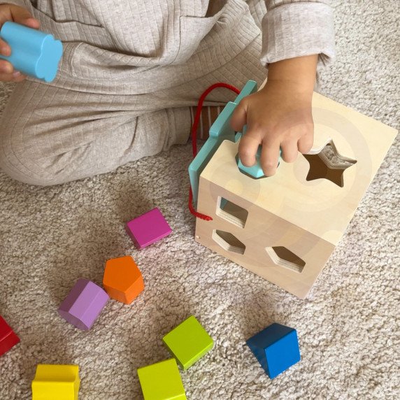 TOOKY TOY Medinis rūšiavimo kubas su spalvotais raštais 13 vnt.