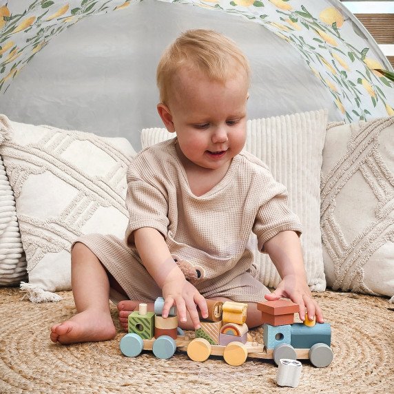 TOOKY TOY Medinis traukinys su gyvūnų blokais Montessori galvosūkiui