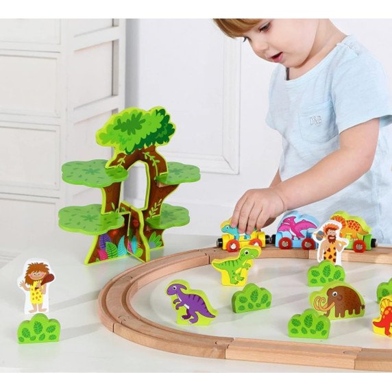 TOOKY TOY Medinis Magnetinis Traukinys Su Dinozaurais + Figūromis