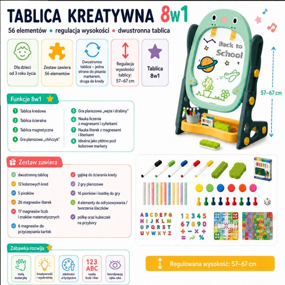 WOOPIE Dvigubos paskirties magnetinė lenta piešimui, skaičių ir raidžių mokymuisi, 56 vnt.