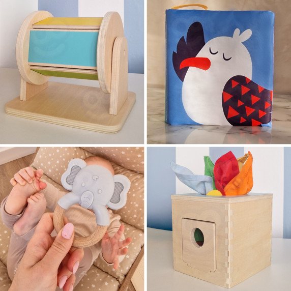 WOOPIE GREEN dėžė XXL Montessori švietimo 6-in-1 pojūčių dėžė 5-6 mėnesiai 13 vnt. FSC