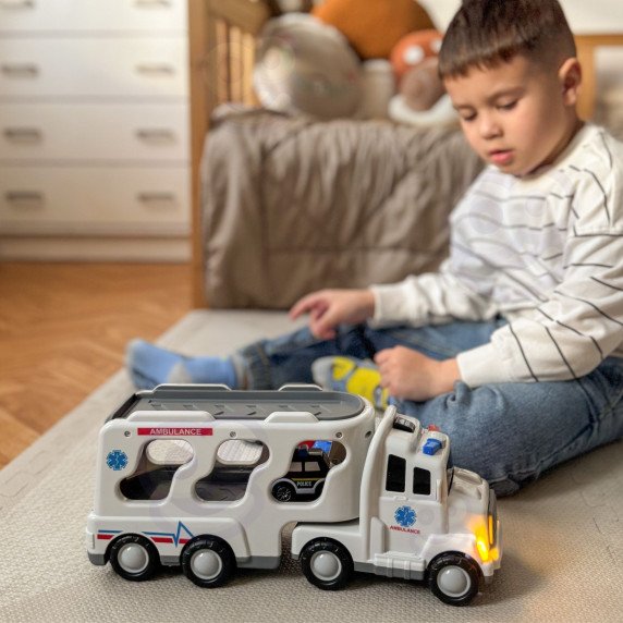 WOOPIE Kelioninis vilkikas su gaisrinės mašinyte, komplektas su 5 automobiliais - Greitasis gelbėjimo automobilis