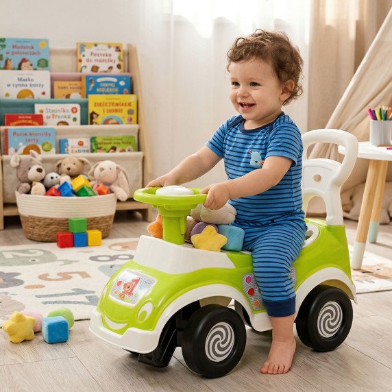 WOOPIE 4-in-1 važiuoklė su rūšiavimo dėžute, stūmikliu, vaikščiojimo pagalve ir ragu, kur yra vietos saugojimui.