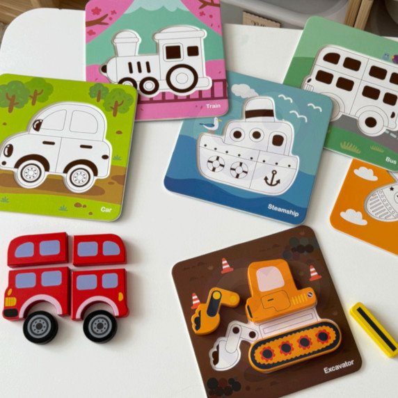 WOOPIE GREEN Mediniai puzzle transporto priemonės Montessori FSC