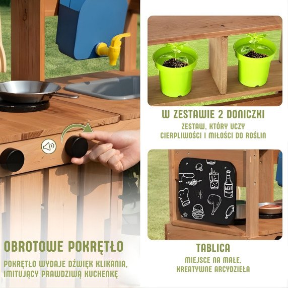 WOOPIE GREEN Medinis sodo virtuvinis su stogeliu, kriaukle ir čiaupužiu