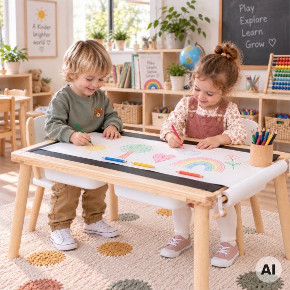 WOOPIE GREEN Medinis 4-in-1 veiklos stalas Kreidinės lenta Konteineriai miesto žemėlapiai Paveikslėlių piešiniai