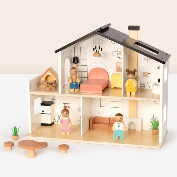 TOOKY TOY Medinis Lėlių namelis su priedais ir šeima 20 vnt.