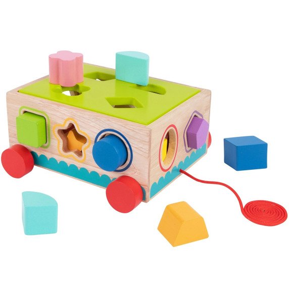 TOOKY TOY Medinis rūšiavimo vežimėlis su blokais 16 vnt.