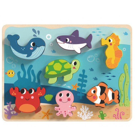 TOOKY TOY medinis Montessori galvosūkis Jūrų pasaulis žuvis Vėrinys želmuo