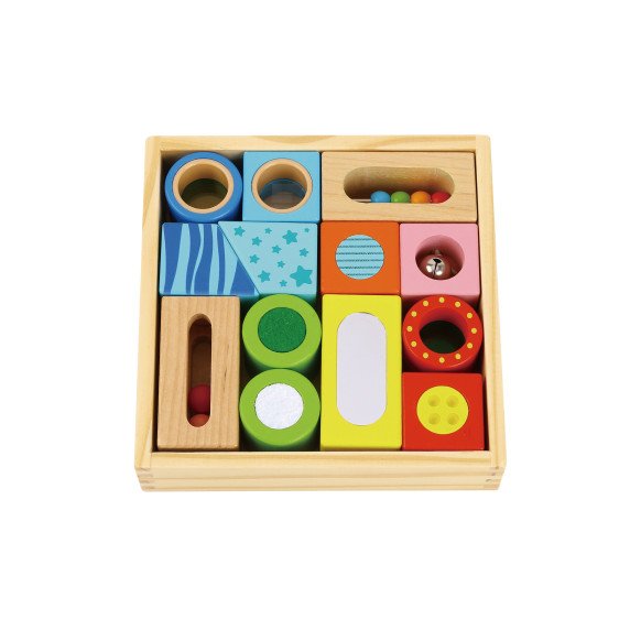 TOOKY TOY Mediniai dėžutės pojūčių blokai Daugiafunkciniai puzzle formos garsas, lietimas 12 vnt.