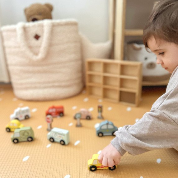 TOOKY TOY rinkinys iš medinių transporto priemonių ir eismo ženklų dėžutėje